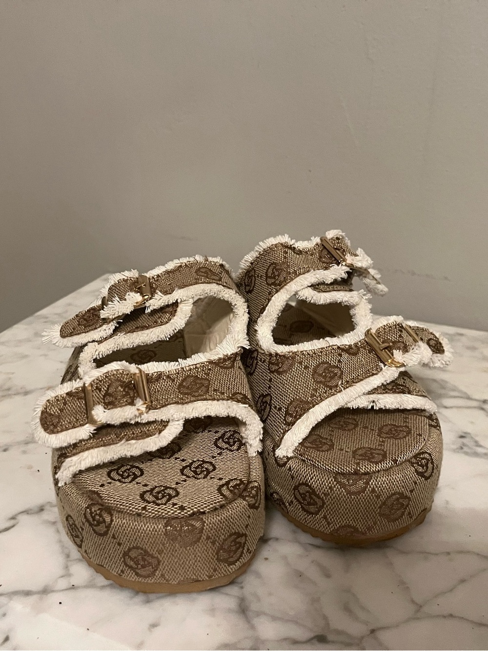 Woven Logo-Print Platform Sandals in Beige with White Trim